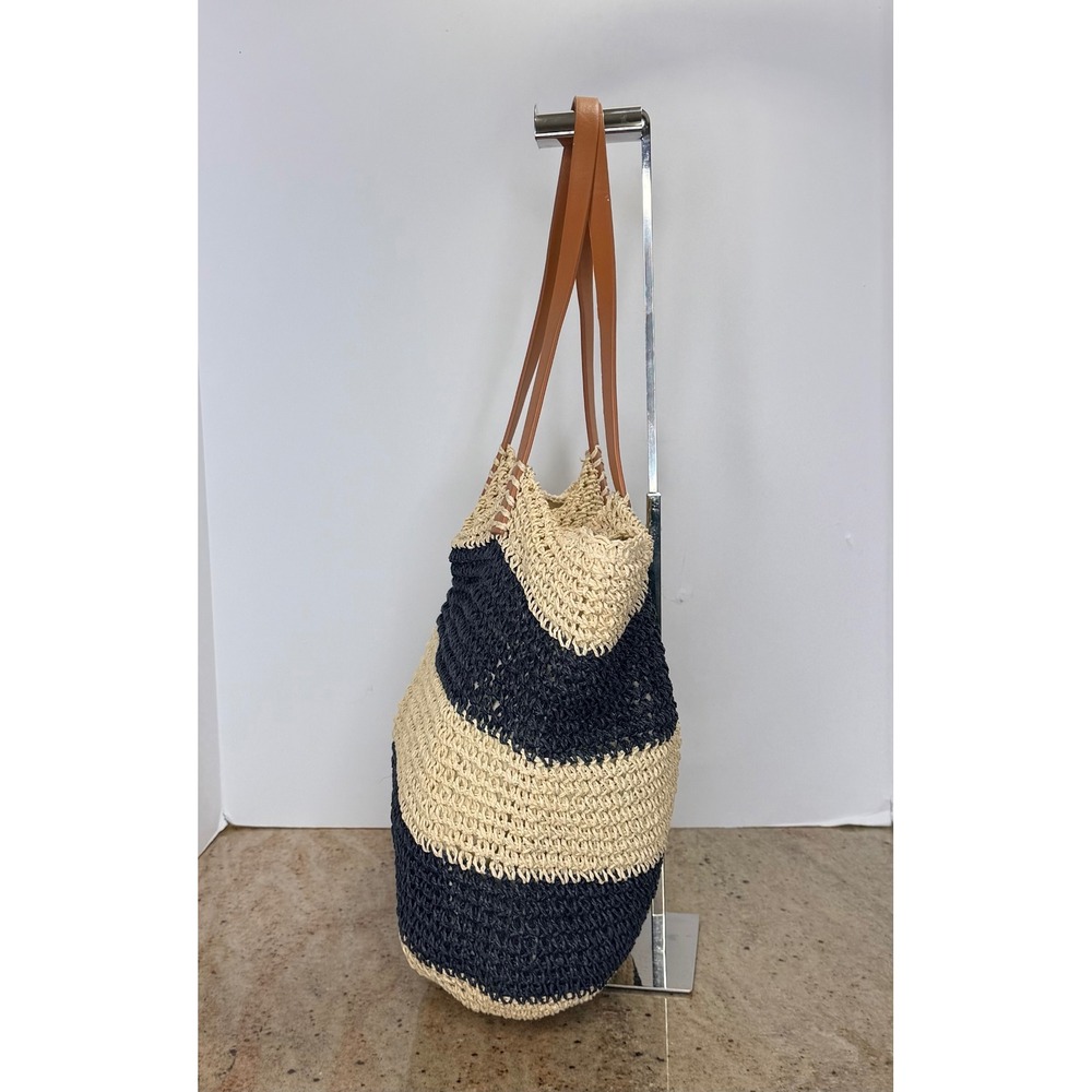 Forever 21 Straw Tote Bag Womens Navy Cream Striped Woven Beach Summer Coastal - Picture 4 of 11